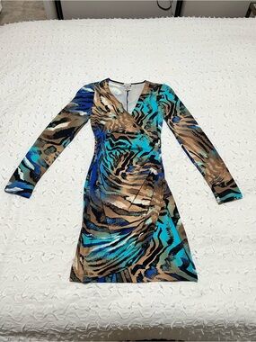 Vintage Cache Teal, Blue & Brown Animal-Print Wrap Dress